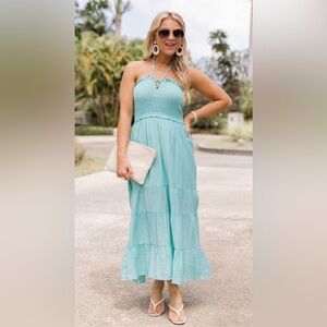 NWOT Pink Lily Turquoise Ruffled Maxi Sundress